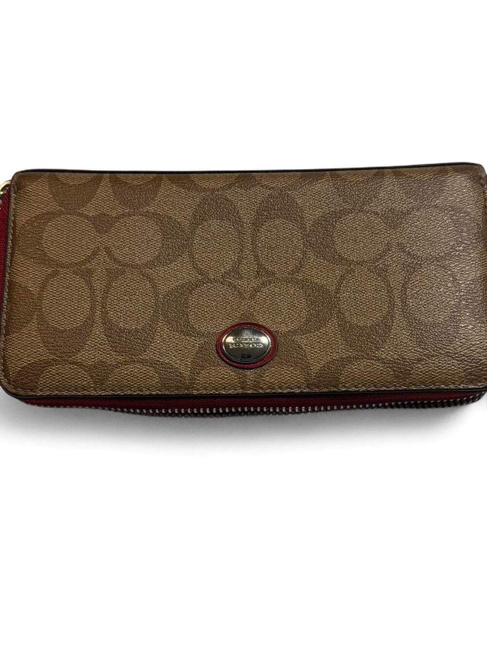 Coach Signature Zip Around Wallet in Brown and Red